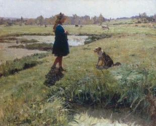 Joven y su perro en la pradera
